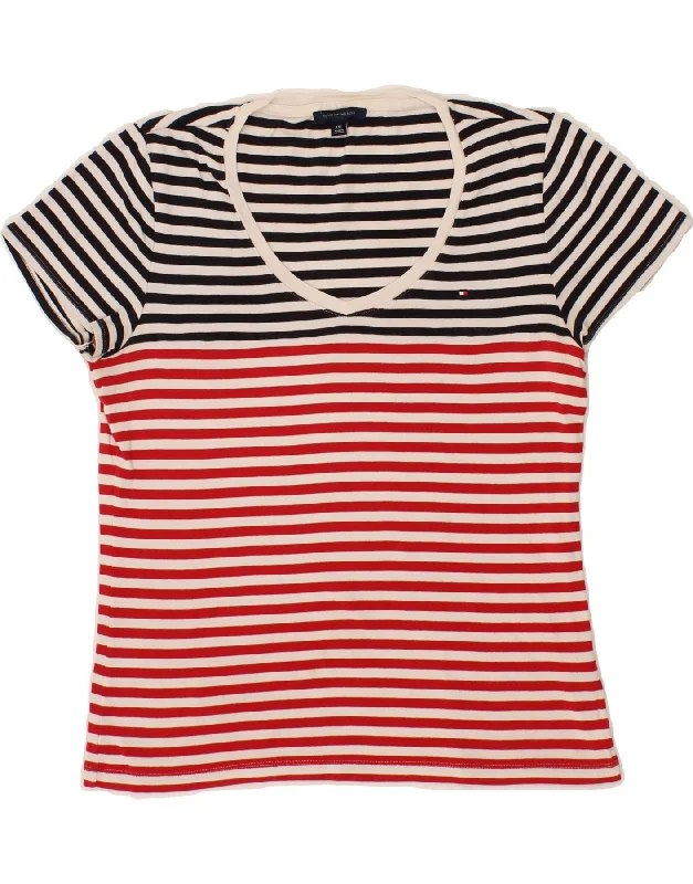 TOMMY HILFIGER Womens T-Shirt Top UK 16 Large Red Striped Cotton Front Pockets Side Pockets Patch Pockets