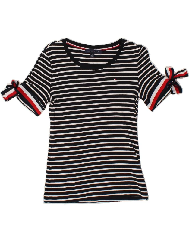 TOMMY HILFIGER Womens T-Shirt Top UK 6 XS Navy Blue Striped Cotton Ribbed Striped Patterned