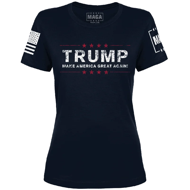 Trump MAGA Ladies Tee - Navy Blue Thin T-Shirt Open Front Quick Dry