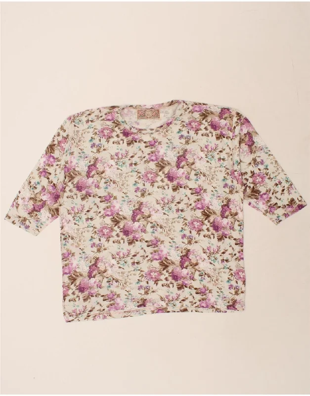 VINTAGE Womens T-Shirt Top UK 16 Large White Floral Viscose Fitted T-Shirt Seamless Stretchy