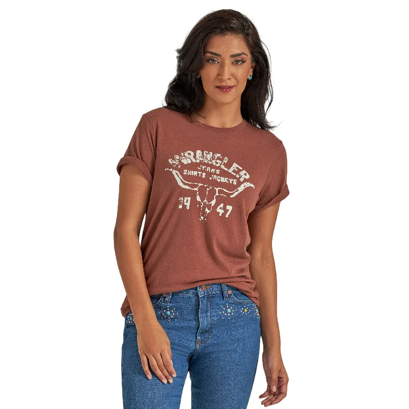 Wrangler Western Steerhead Brown Graphic T-Shirt Embroidered Appliqued Beaded