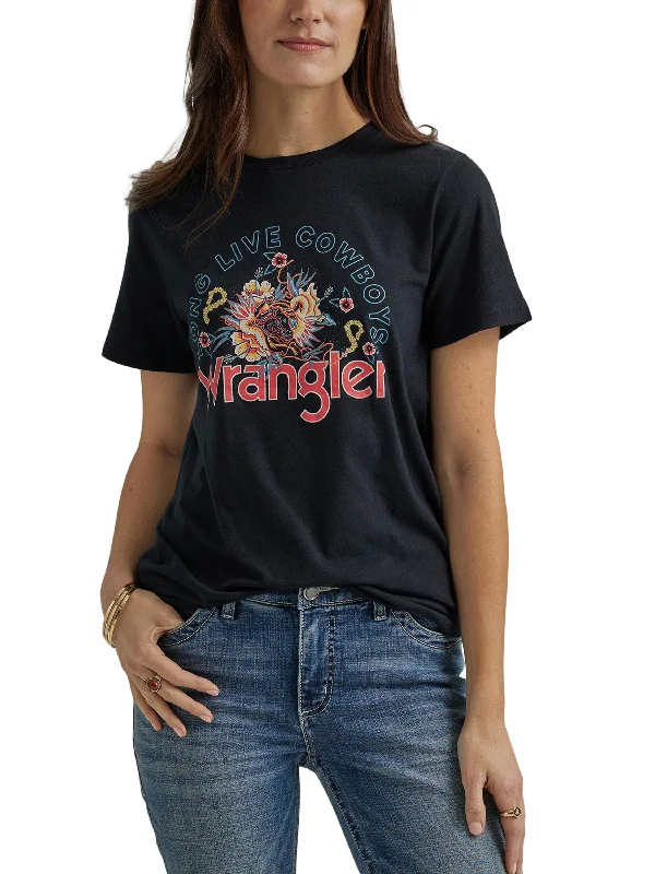 Wrangler Women's Floral Western Short Sleeve Black Tee Layered Multi-layer Single Layer