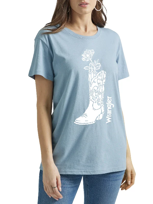 Wrangler Women's Western Graphic Boyfriend Tee Ashley Blue Fleece Nylon Spandex