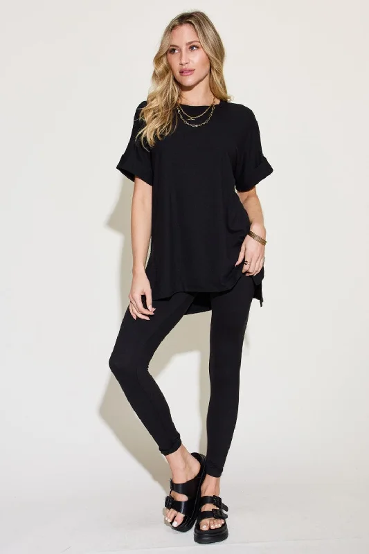 Zenana Plus Size Short Sleeve Slit T-Shirt and Leggings Lounge Set Sequined Glittery Shiny