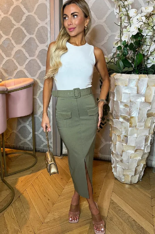 Ashton Khaki Belted Cargo Skirt leather skirt bold