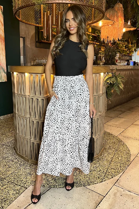 Black And White Animal Print Shirred Waist Maxi Skirt silk skirt luxurious