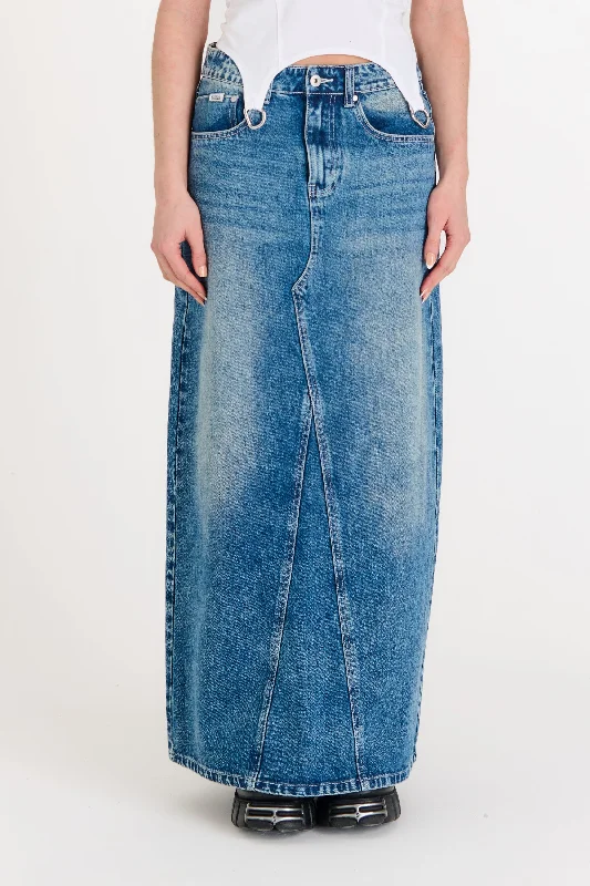 Denim Maxi Skirt Bleach Blue elastic waist skirt