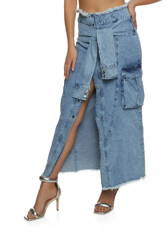 Tie Waist Frayed Hem Denim Maxi Skirt lace skirt romantic
