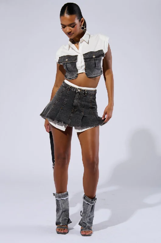 GET IT RIGHT DISTRESSED DENIM PLEATED MINI SKIRT cashmere skirt soft