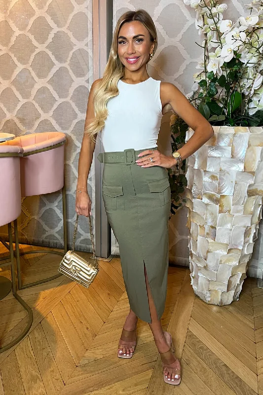 Khaki Belted Cargo Midi Skirt corduroy skirt cozy
