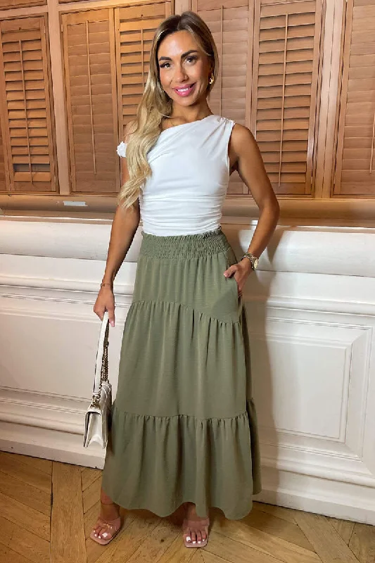 Khaki Shirred Waist Maxi Skirt silk skirt sleek