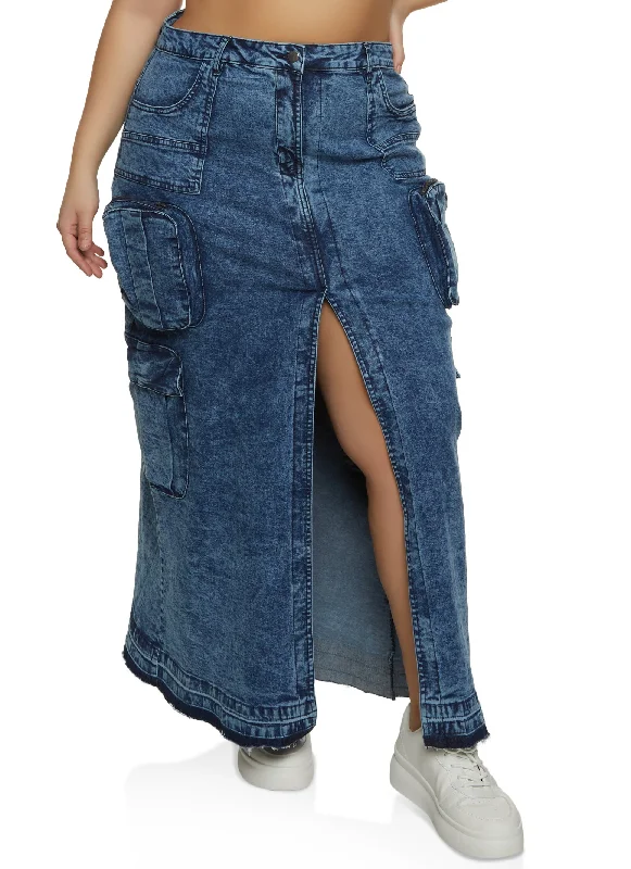 Plus Size Acid Wash Denim Cargo Skirt denim skirt trendy