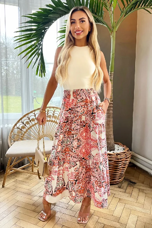 Multi Paisley Print Shirred Waist Maxi Skirt lace skirt feminine