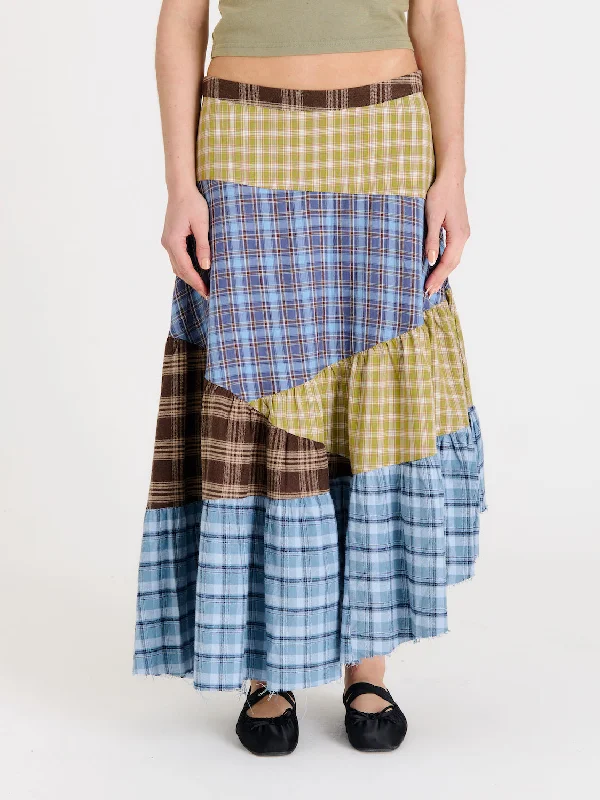 Pain Tartan Patchwork Maxi Skirt belted skirt waist