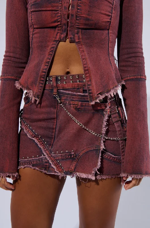 PULL A LOOK DISTRESSED MINI SKIRT IN RED silk skirt sleek