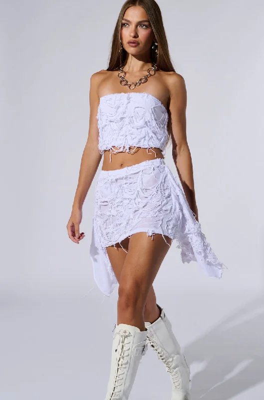 QUEEN OF LOVE DISTRESSED MINI SKIRT IN WHITE breathable skirt fabric