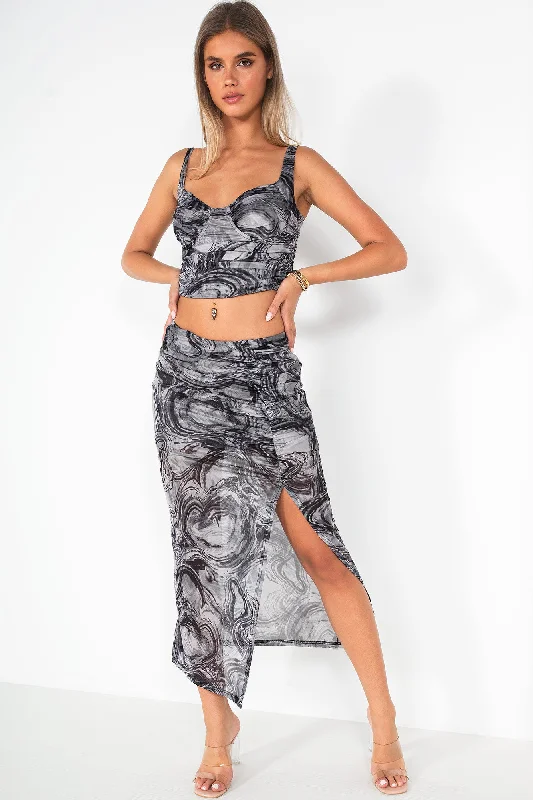 Reena Black and Grey Mesh Print Skirt cashmere skirt fine