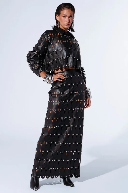THE SNEAK PEEK STUDDED PU MIDI SKIRT IN BLACK a-line skirt cut