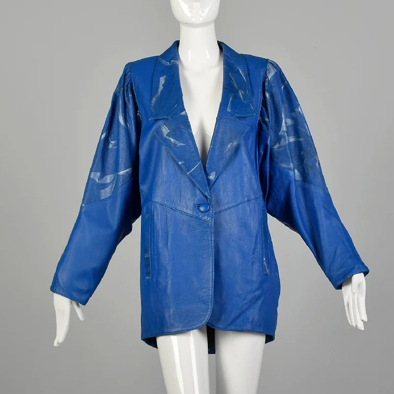 1980s Oversized Blue Leather Jacket with Batwing Sleeves