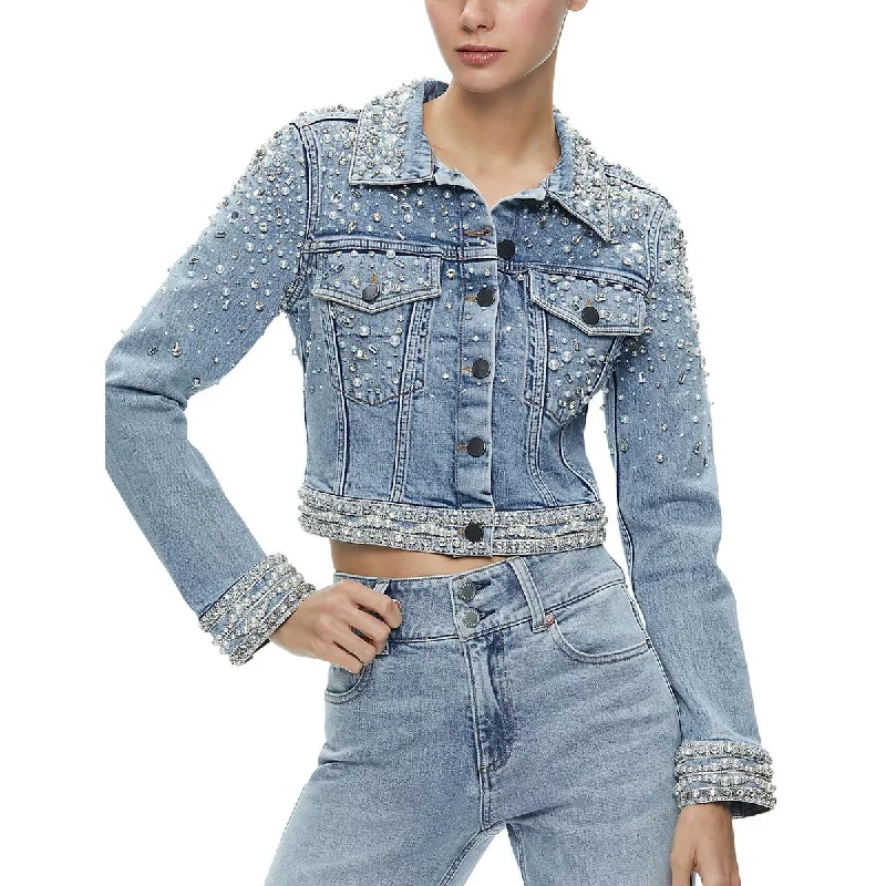 Alice and Olivia Womens Nelson Embellished Cropped Denim Jacket Faux Fur Fabric Real Fur Fabric Shearling Fabric Alice and Olivia Womens Nelson Embellished Cropped Denim Jacket Faux Fur Fabric Real Fur Fabric Shearling Fabric