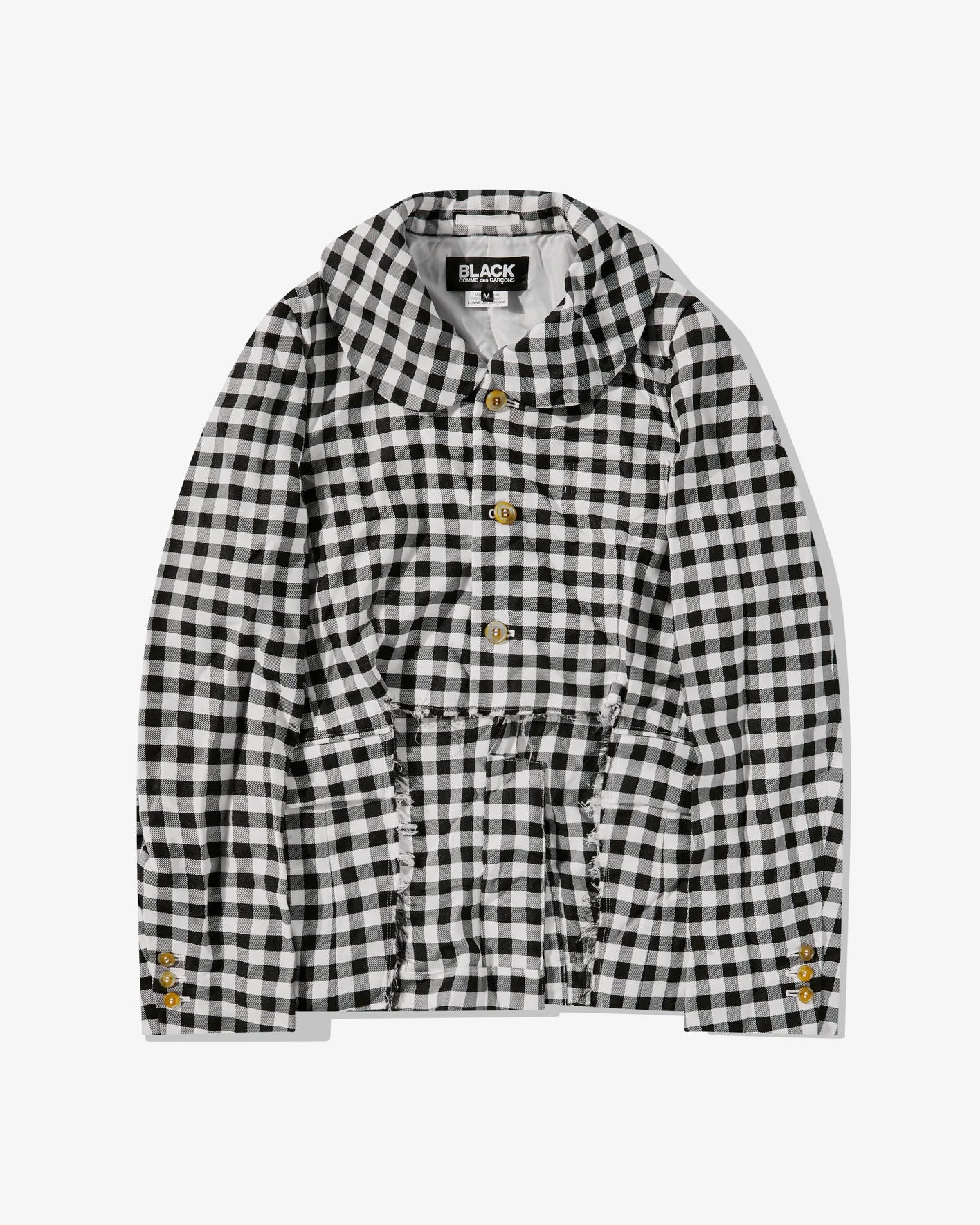 BLACK Comme des Garçons Cut Out Checked Jacket (Black/White) Boat Neck Shawl Collar Notched Collar BLACK Comme des Garçons Cut Out Checked Jacket (Black/White) Boat Neck Shawl Collar Notched Collar