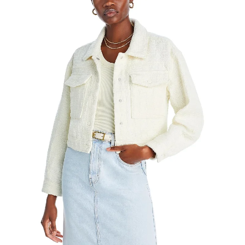 [BLANKNYC] Womens Tweed Cropped Shirt Jacket A-Line Jacket Boat Neck Shawl Collar