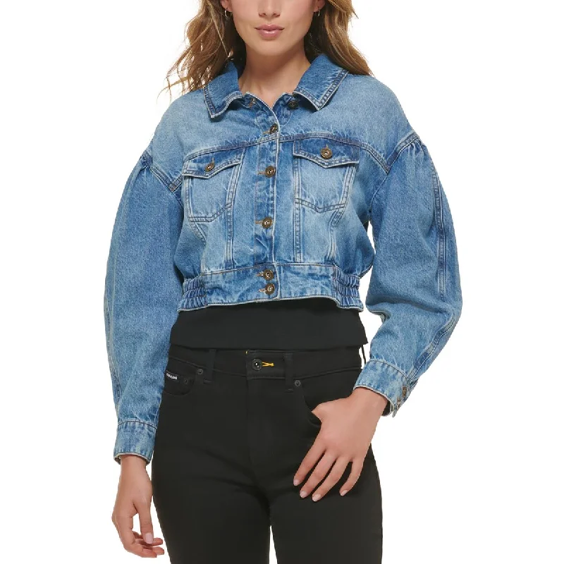 DKNY Jeans Womens Crop Denim Denim Jacket Boat Neck Shawl Collar Notched Collar