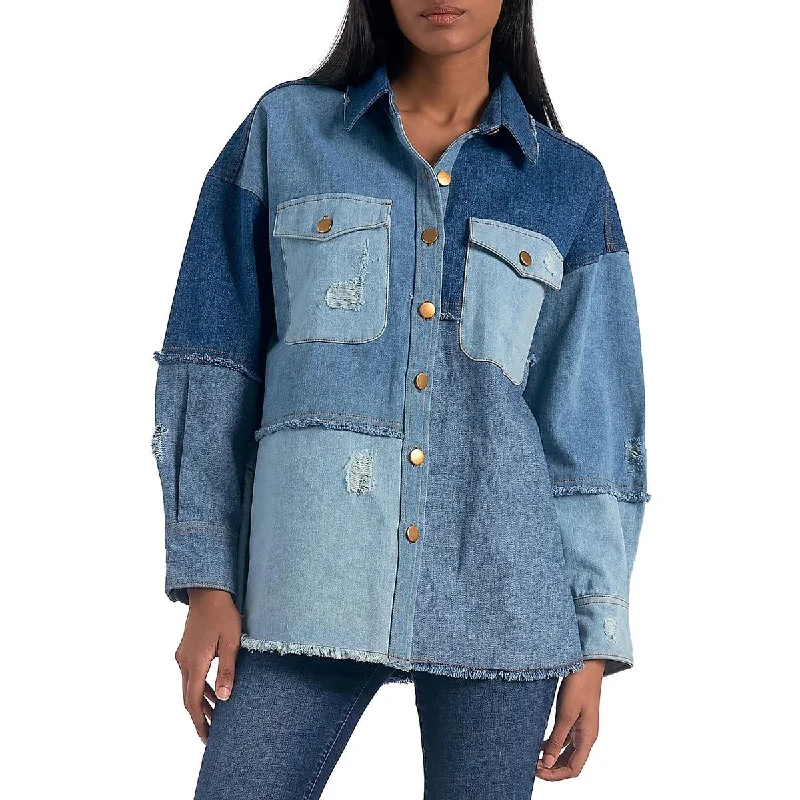 Elan Womens Patch Work Casual Shirt Jacket Stand-Up Collar Roll-Neck Collar Turtle Neck Elan Womens Patch Work Casual Shirt Jacket Stand-Up Collar Roll-Neck Collar Turtle Neck