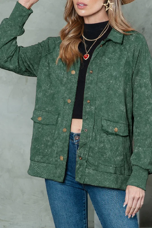 Green Snap Button Casual Flap Pockets Collared Jacket