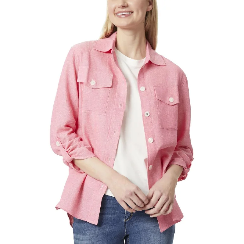 Jones New York Womens Button-down Rolled Sleeve Shirt Jacket Zip Front Button Front Snap Front Jones New York Womens Button-down Rolled Sleeve Shirt Jacket Zip Front Button Front Snap Front