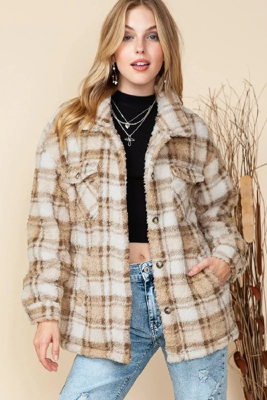 Khaki Sherpa Plaid Button Pocketed Jacket