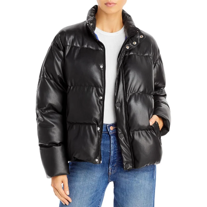 Mother Womens Faux Leather Puffer Jacket Boat Neck Shawl Collar Notched Collar