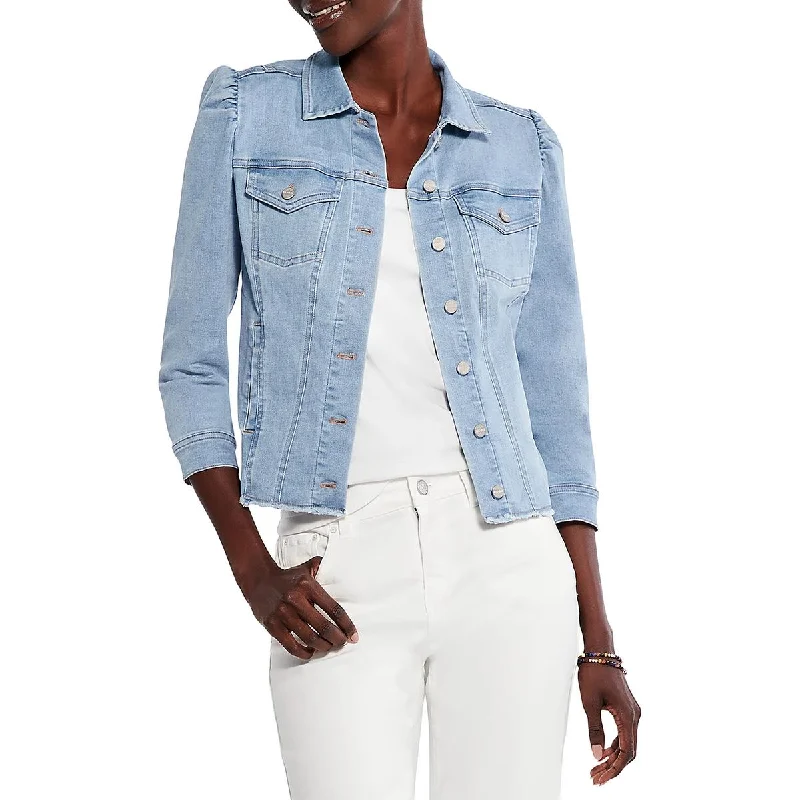 Nic + Zoe Womens Petites Frayed Hem Short Denim Jacket Zip Front Button Front Snap Front Nic + Zoe Womens Petites Frayed Hem Short Denim Jacket Zip Front Button Front Snap Front