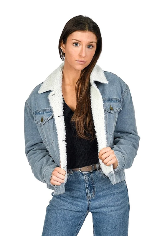 RD Style Demi Crop Sherpa Lined Denim Trucker Jacket Zip Front Button Front Snap Front RD Style Demi Crop Sherpa Lined Denim Trucker Jacket Zip Front Button Front Snap Front