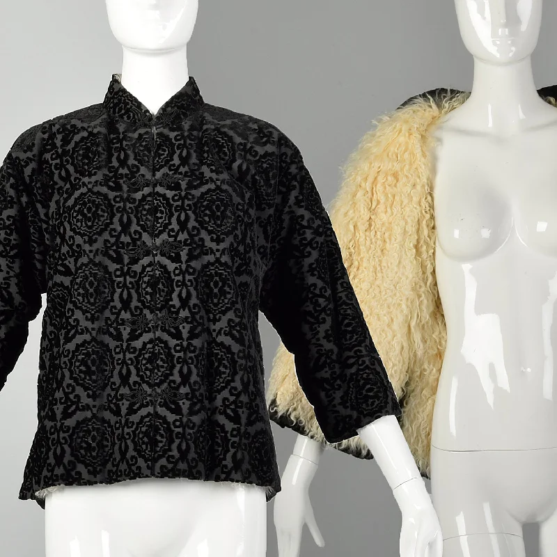 Small 1960s Black Burnout Velvet Tibetan Lamb's Fur Jacket Cotton Fabric Linen Fabric Terry Fabric Small 1960s Black Burnout Velvet Tibetan Lamb's Fur Jacket Cotton Fabric Linen Fabric Terry Fabric