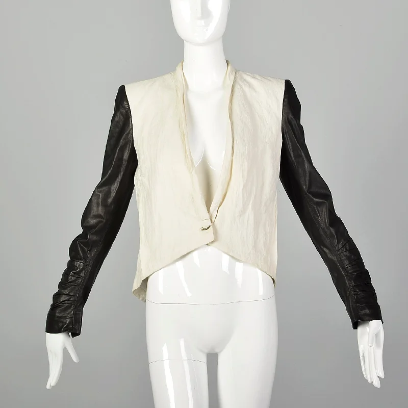 Small Helmut Lang White Jacket with Leather Sleeves Front Pockets Side Pockets Patch Pockets Small Helmut Lang White Jacket with Leather Sleeves Front Pockets Side Pockets Patch Pockets