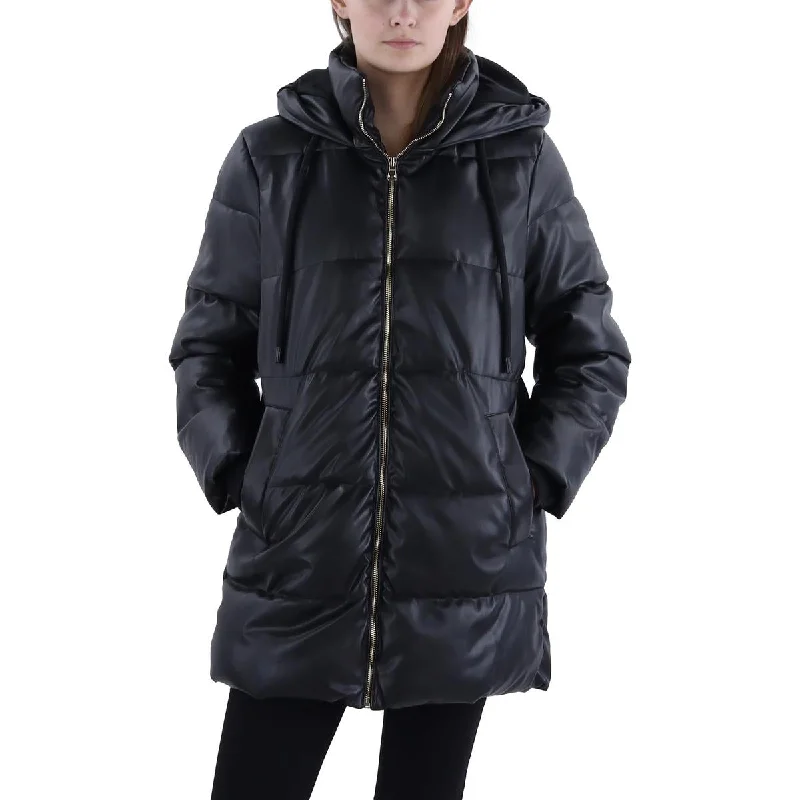 Stella + Lorenzo Womens Faux Leather Short Puffer Jacket Belted Jacket Elasticated Jacket Padded Jacket