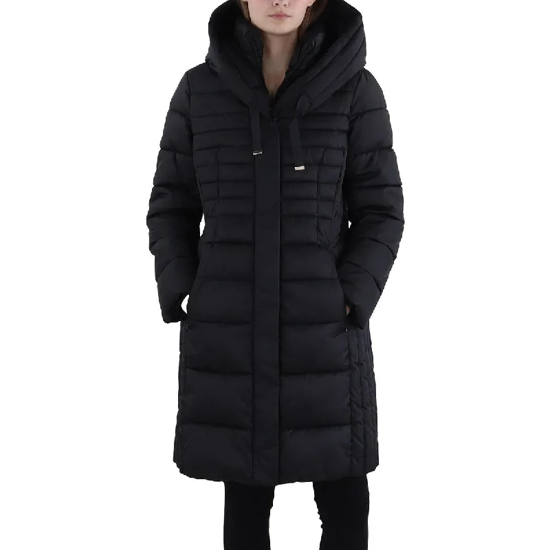 Tahari Womens Hooded Long Puffer Jacket Notch Collar Peter Pan Collar Cowl Neck