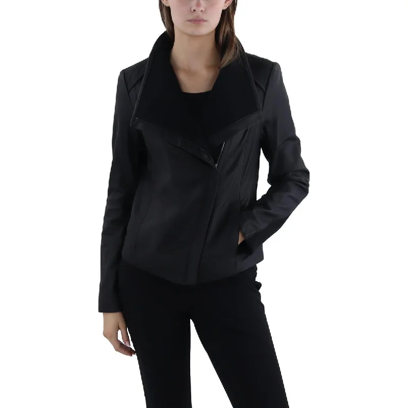 Tahari Womens Leather Asymmetric Leather Jacket Bomber Jacket Anorak Windbreaker