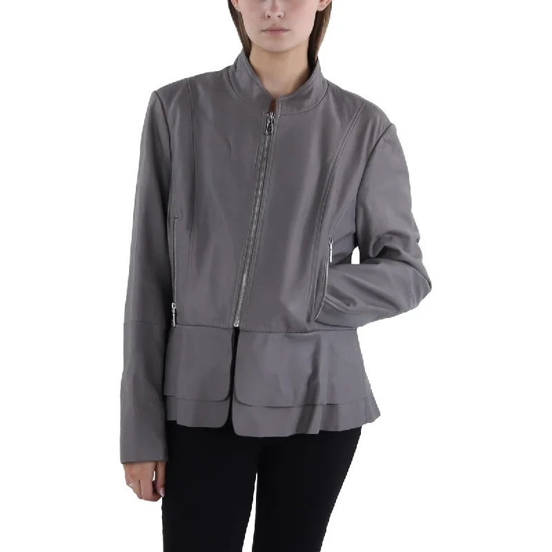 Tahari Womens Leather Peplum Leather Jacket Zippered Front Buttoned Front Snap Front Tahari Womens Leather Peplum Leather Jacket Zippered Front Buttoned Front Snap Front