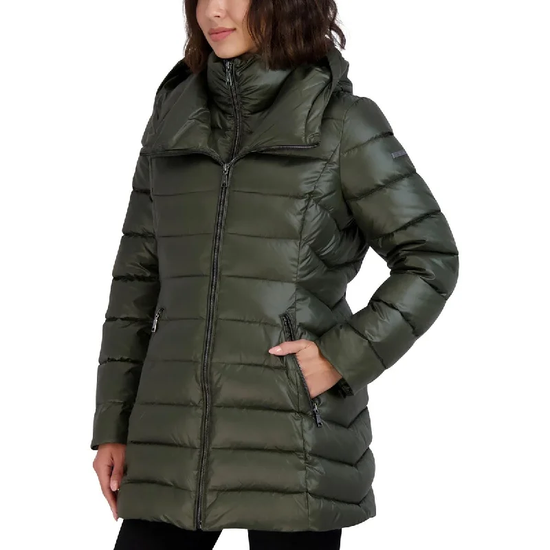 Tahari Womens Quilted Hooded Puffer Jacket Zippered Front Buttoned Front Snap Front
