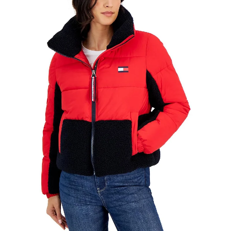 Tommy Hilfiger Womens Faux Fur Trim Colorblock Puffer Jacket Nylon Fabric Polyester Fabric Spandex Fabric