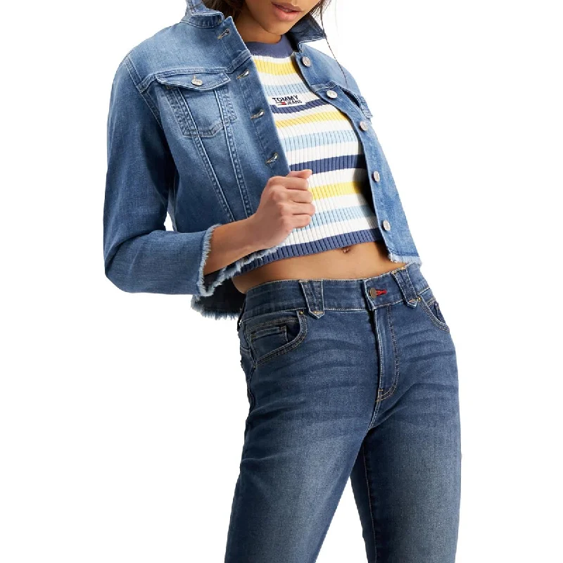 Tommy Jeans Womens Cotton Frayed Denim Jacket Zip Front Button Front Snap Front