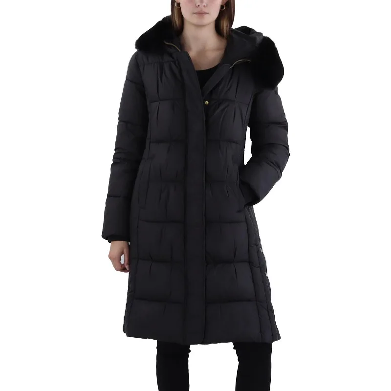 Via Spiga Womens Hooded Midi Puffer Jacket Welt Pockets Slit Pockets Flap Pockets