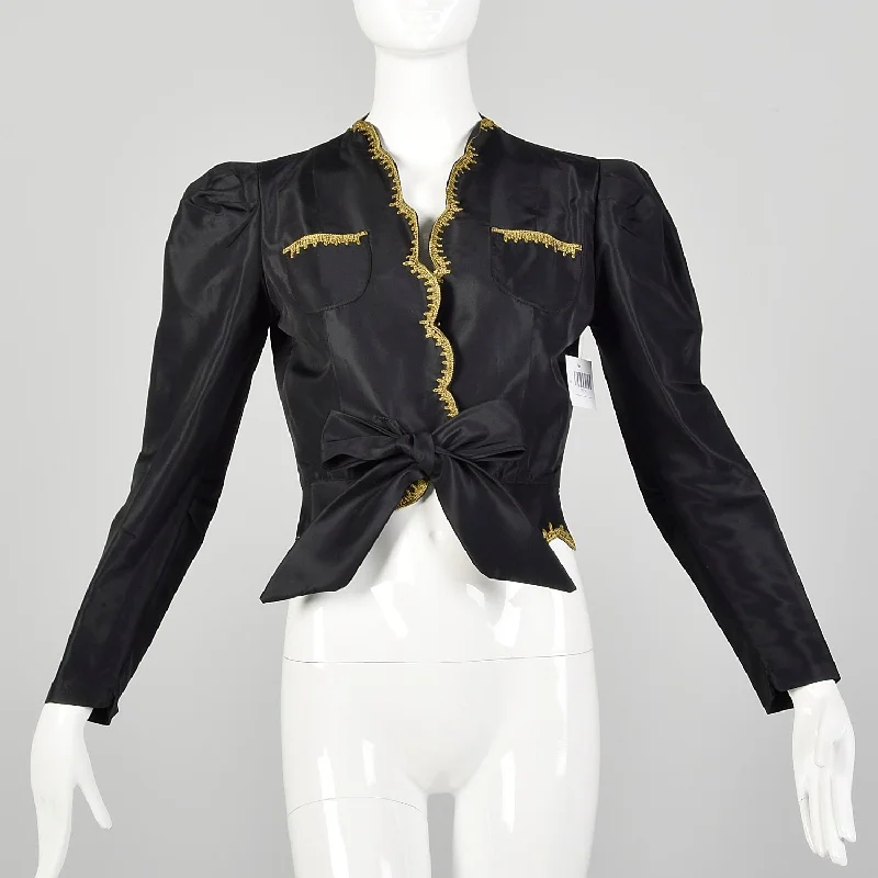 XS 1940s Jacket Black Taffeta Tie Waist Scallop Edge Gold Trim Embroidery Evening Jacket