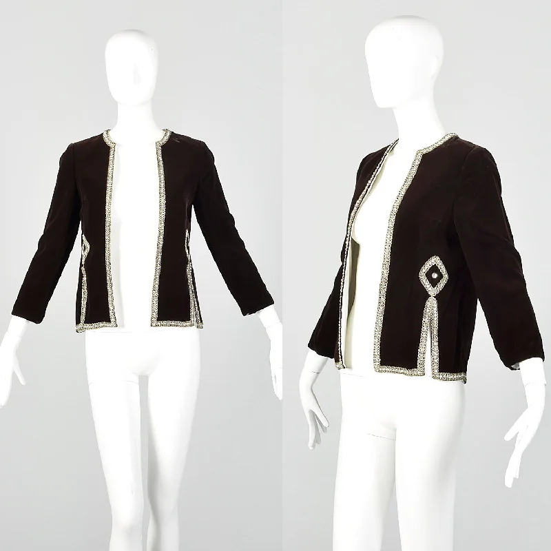 XS 1960s Brown Velvet Jacket Hooded Jacket Caped Jacket Shawl Collar Jacket