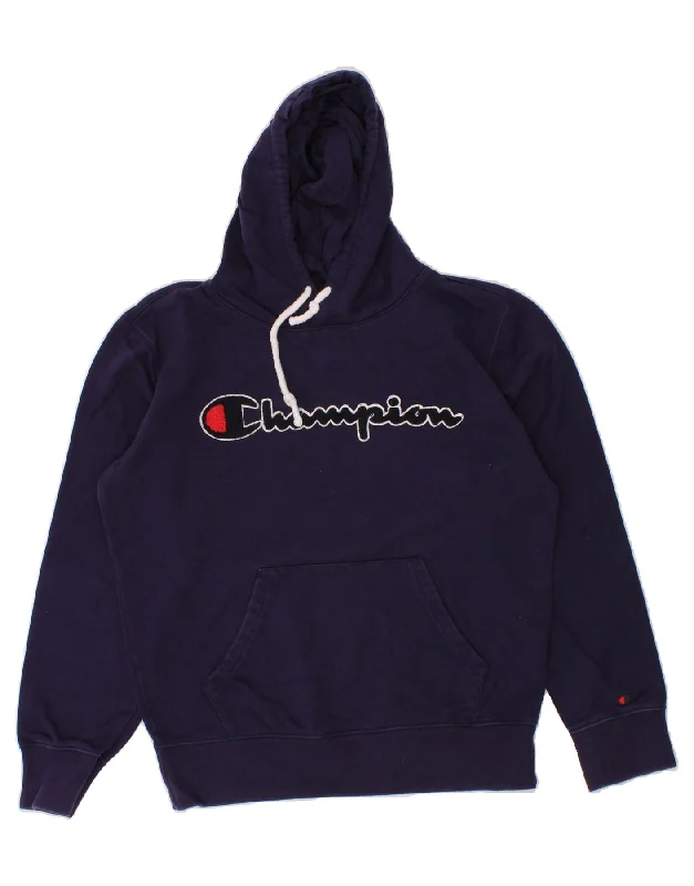 CHAMPION Womens Graphic Hoodie Jumper UK 14 Medium Navy Blue Cotton Hoodie with Hidden Zipper Minimalist Clean
