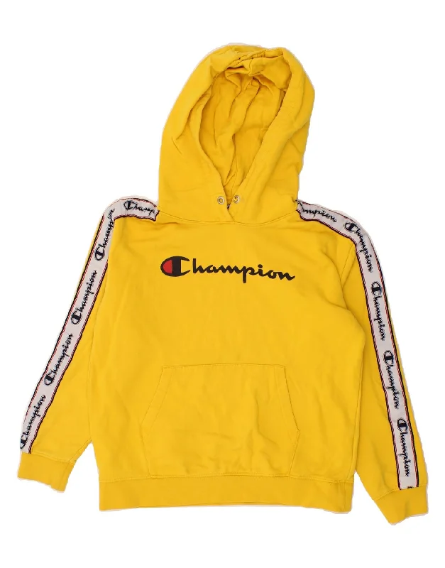 CHAMPION Womens Graphic Hoodie Jumper UK 14 Medium Yellow Colourblock Hoodie with Ribbed Neckline Snug Warm