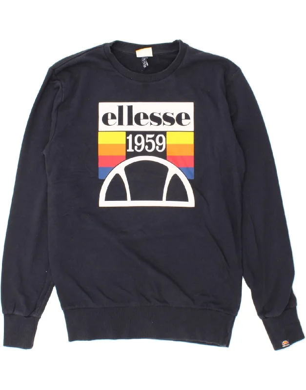 ELLESSE Mens Graphic Sweatshirt Jumper Medium Navy Blue Cotton Hoodie with Illustration Artistic Creative