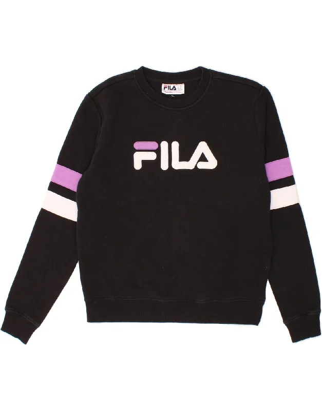 FILA Womens Graphic Sweatshirt Jumper UK 14 Medium Black Cotton Hoodie with Applique Textured Unique